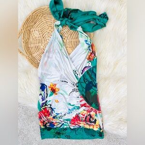 VTG Daytrip Floral Tropical Micro Mini Halter Tunic Dress Size Small